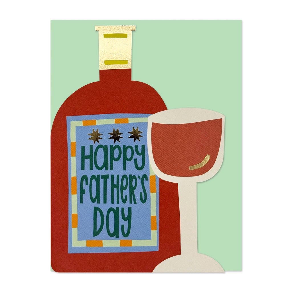 Happy Father’s Day card with bottle and glass illustration and bold label design
