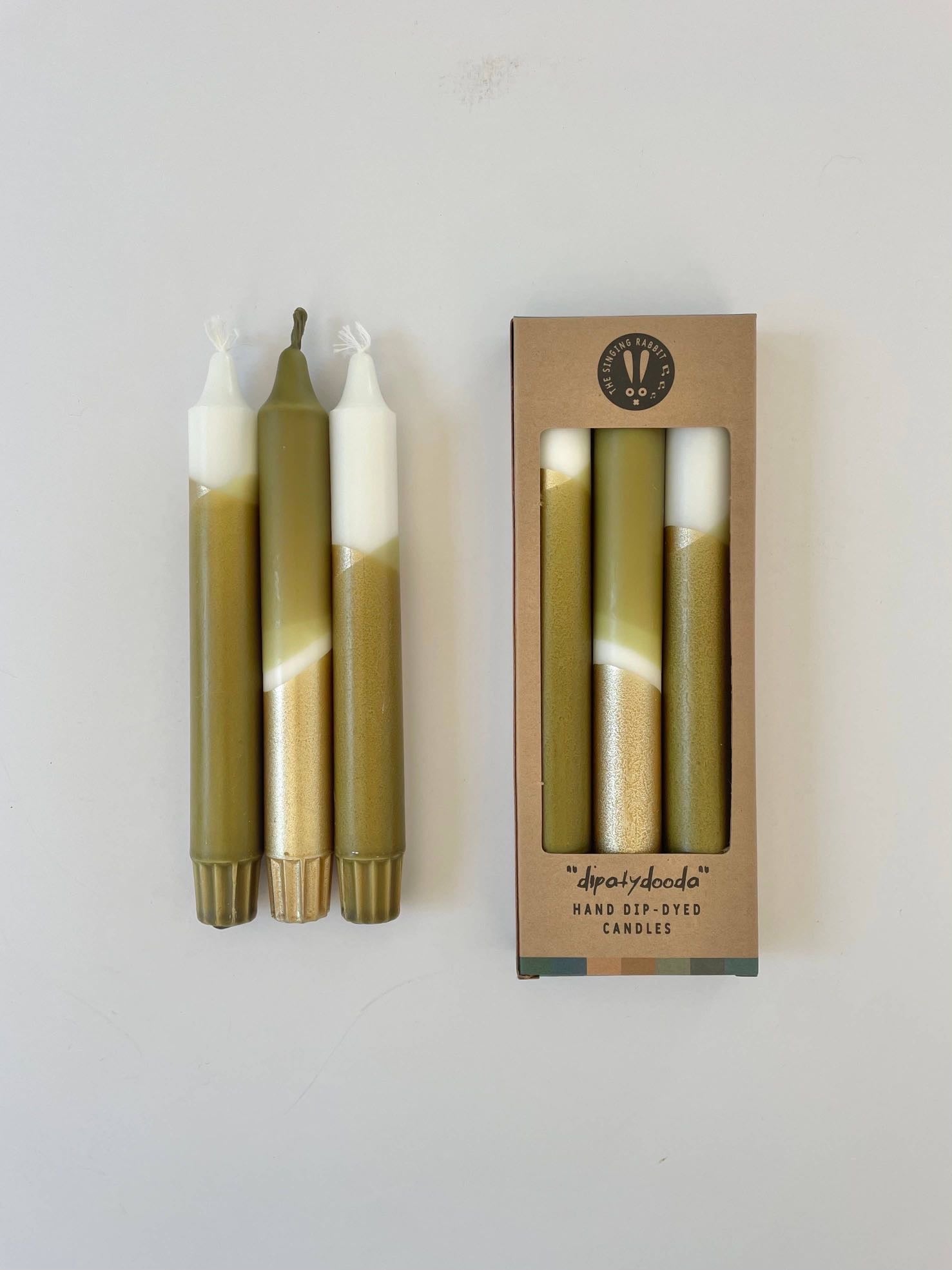 Luxe Olive Green & Gold Dip Dyed Dinner Candles