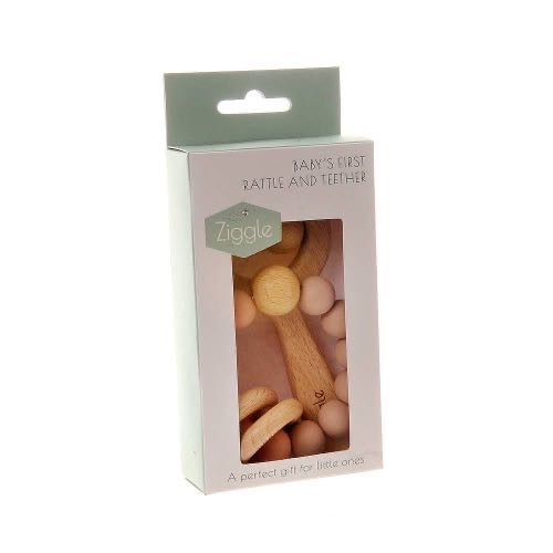 Wooden Teether And Rattle - Blue Grey or Blush