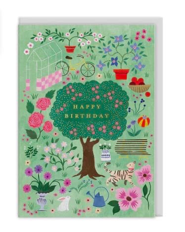 Happy Birthday garden greeting card with colourful floral illustration and tree design