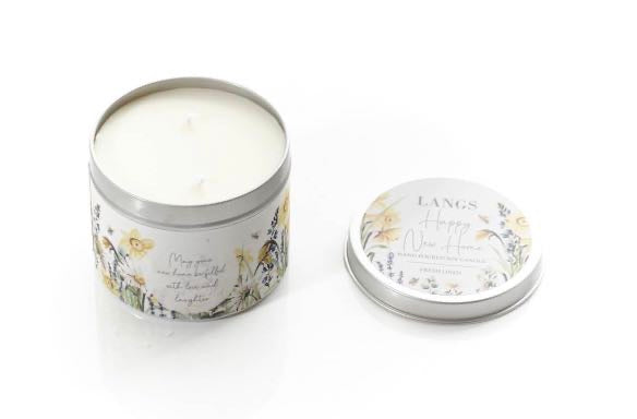 Happy New Home Soy Tin Candle In Fresh Linen