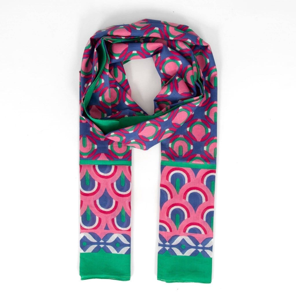 Green and pink retro geometric lightweight cotton scarf with green border