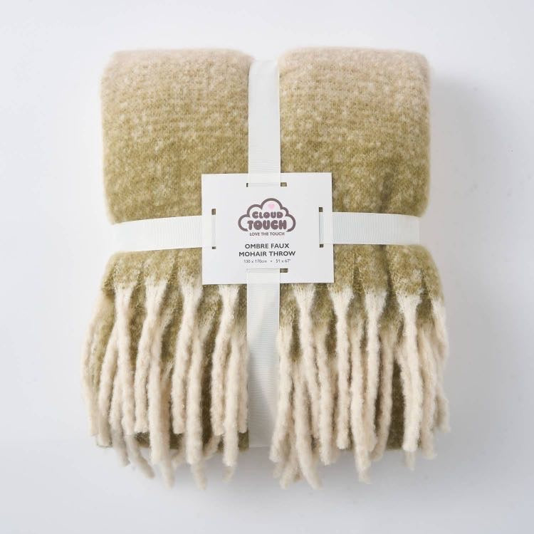 Ombre Faux Mohair Throw - Soft Fringed Blanket (Green or Grey)