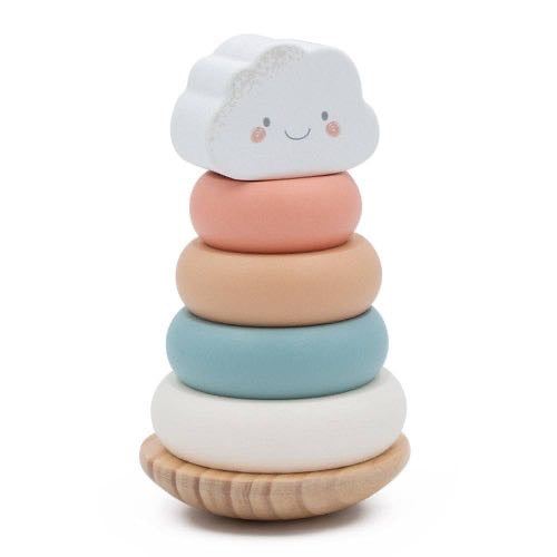 Sweet pastel wooden cloud wobbly stacker for ages 1+. A gorgeous toddler toy that builds fine motor skills—perfect for first birthdays.
