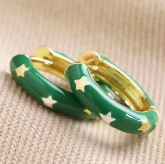 Starry Green Enamel Hoop Earrings