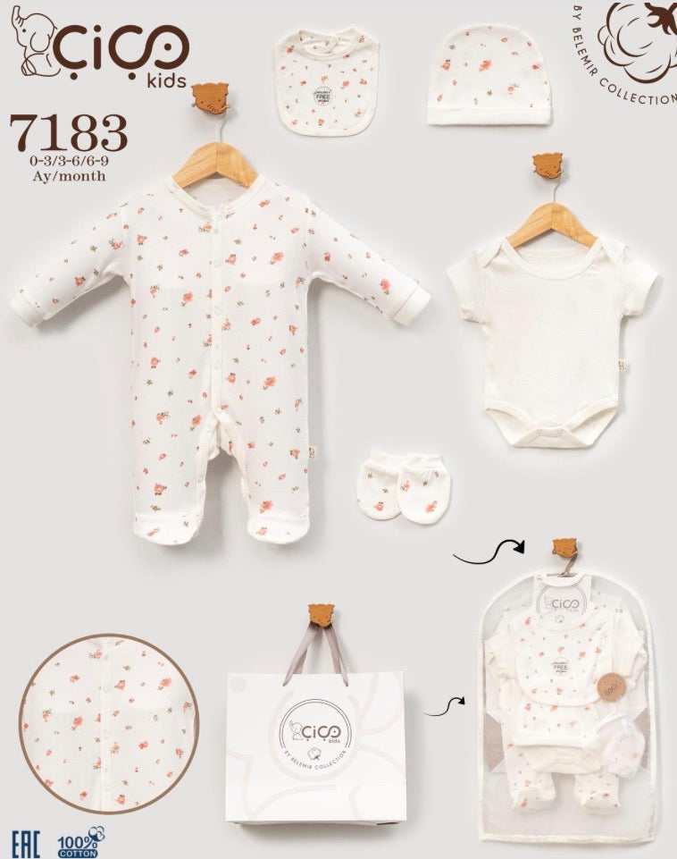 Baby 5 Piece 100% Cotton Floral Gift Set (0–9M) – Romper, Vest, Bib, Hat & Mittens
