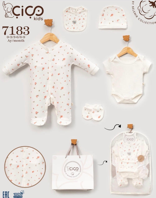 Baby 5 Piece 100% Cotton Floral Gift Set (0–9M) – Romper, Vest, Bib, Hat & Mittens
