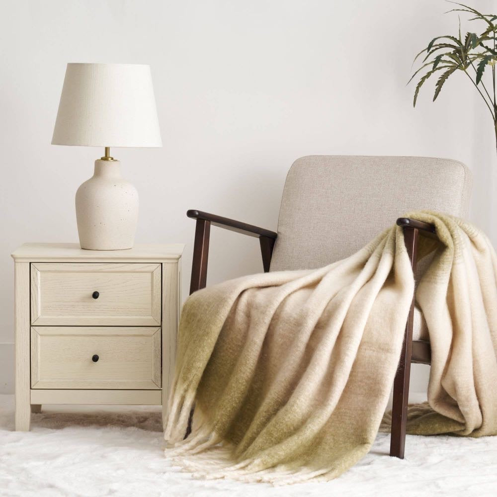 Ombre Faux Mohair Throw - Soft Fringed Blanket (Green or Grey)