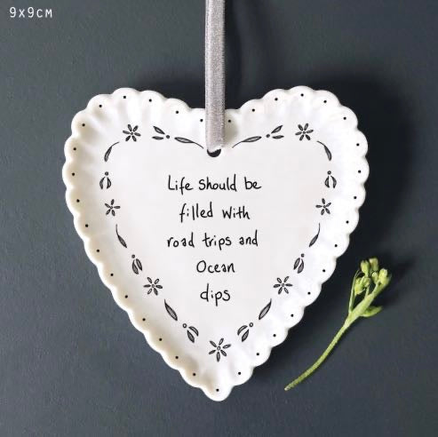 Eats of India Scalloped Ceramic Hanging Heart “life should be filled with Road Trips & Ocean Dips” Decoration with Velvet Ribbon – Travel Quote Heart Ornament