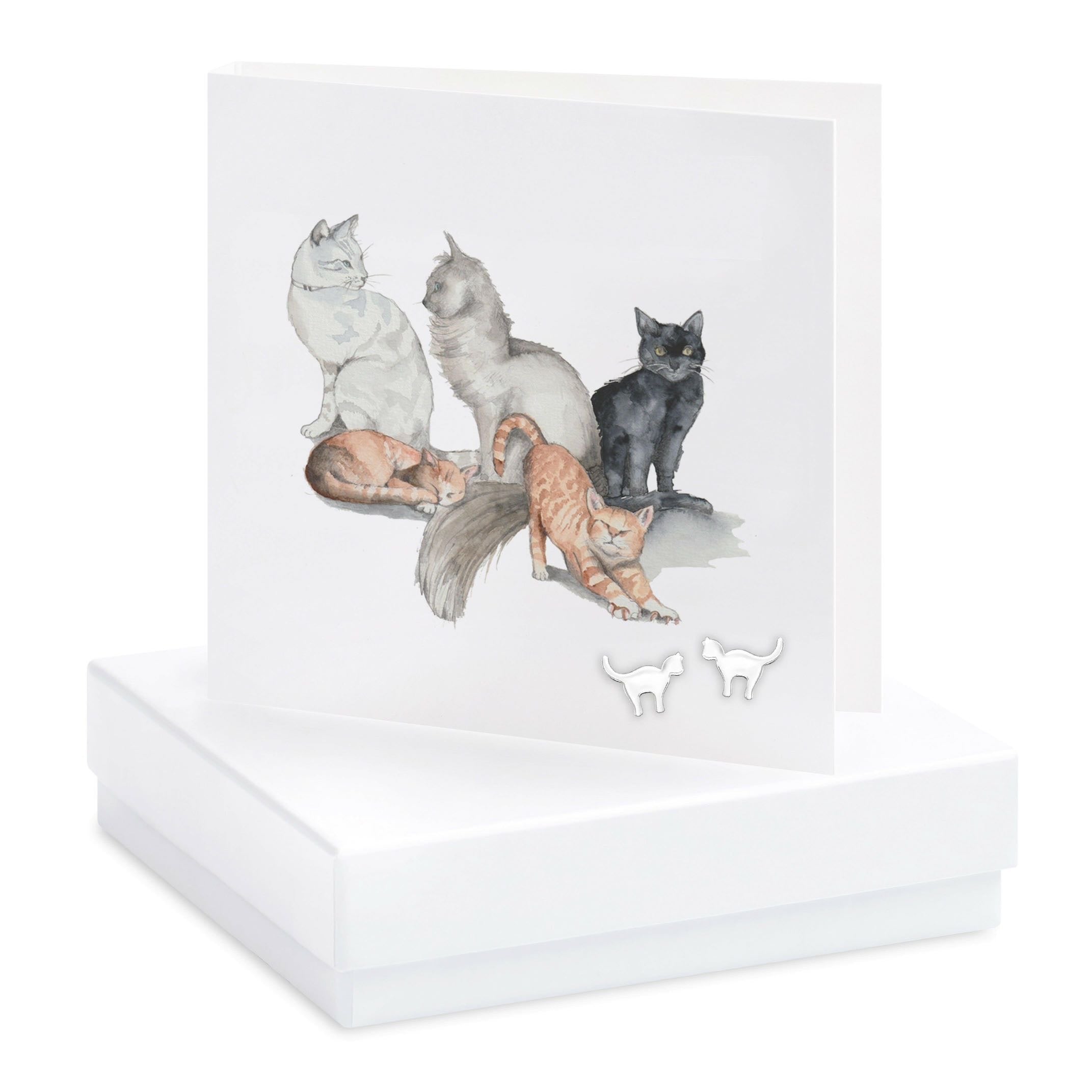 Sterling Silver Cat Earrings – Delicate Studs With Butterfly Backs | Gift Box