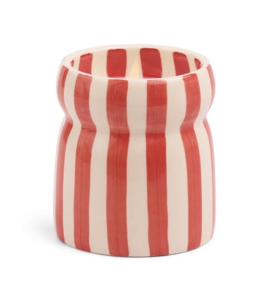 CABANA 6.5OZ/184G RED STRIPPED CERAMIC CANDLE - HIBISCUS BAY BOXED