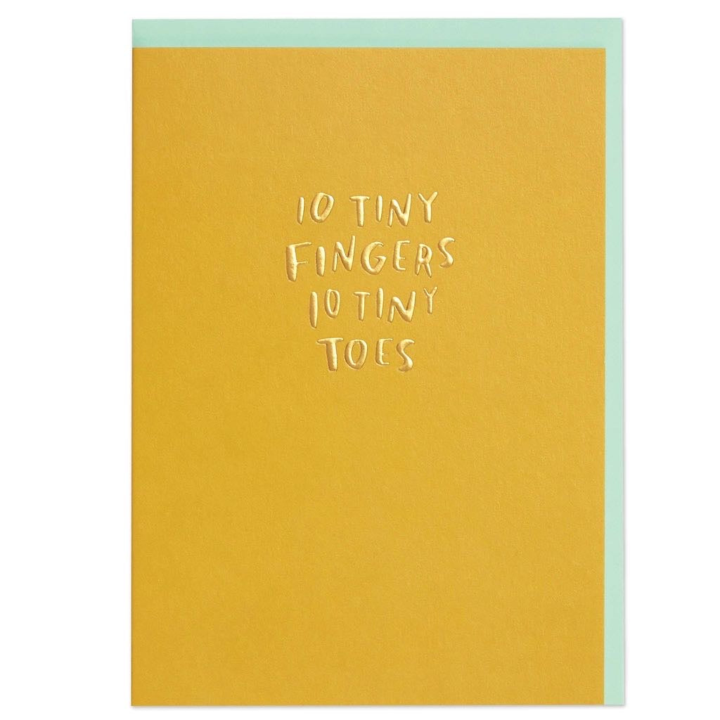 10 Tiny Fingers 10 Tiny Toes new baby card in mustard yellow with embossed lettering