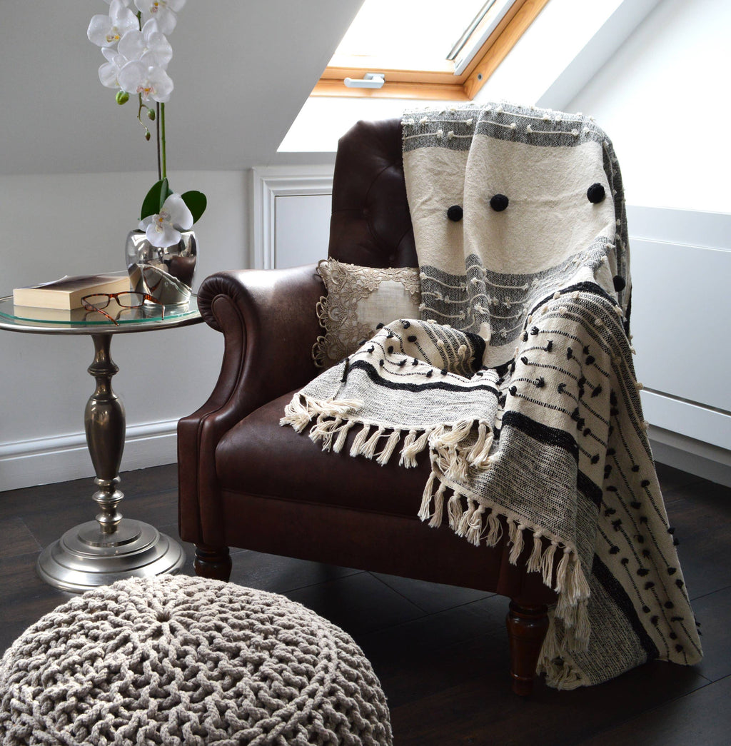 Nina Bobble Boho Throw - Scandi Monochrome Textured Blanket