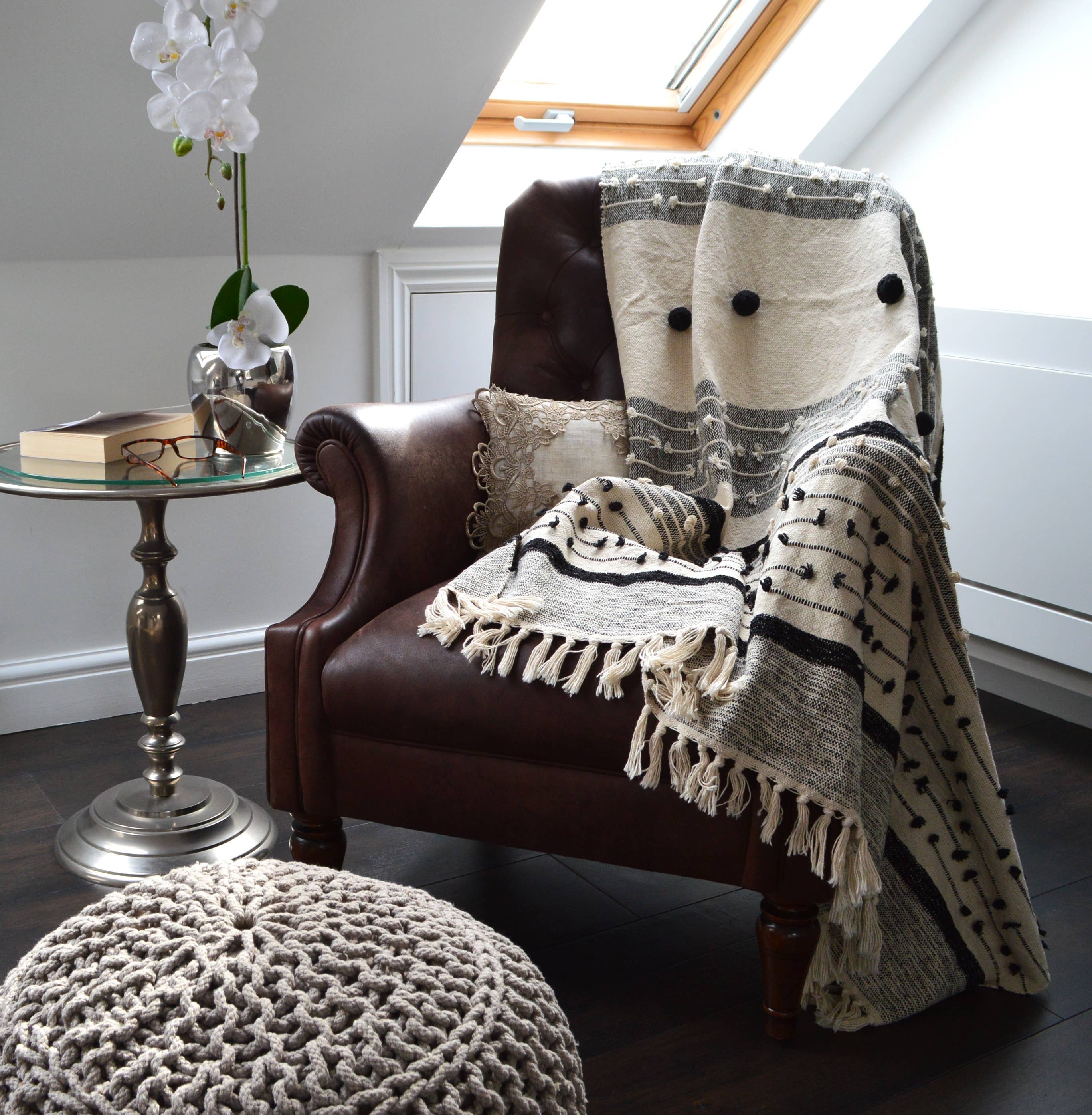 Nina Bobble Boho Throw - Scandi Monochrome Textured Blanket
