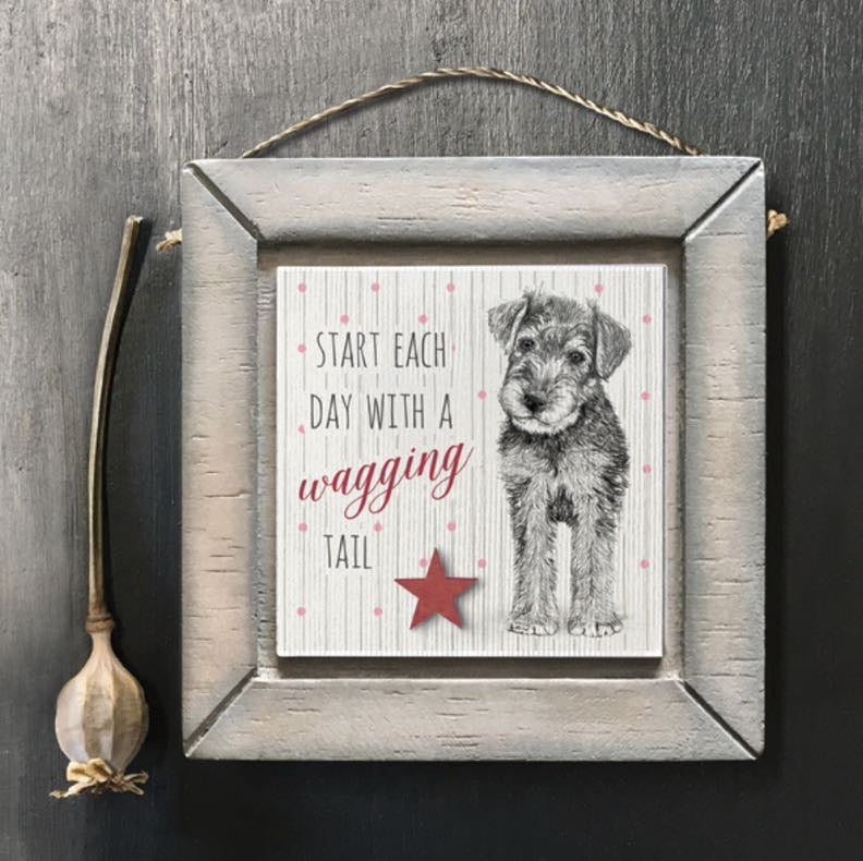 Start each day with a wagging tail dog wooden hanging plaque by east of India