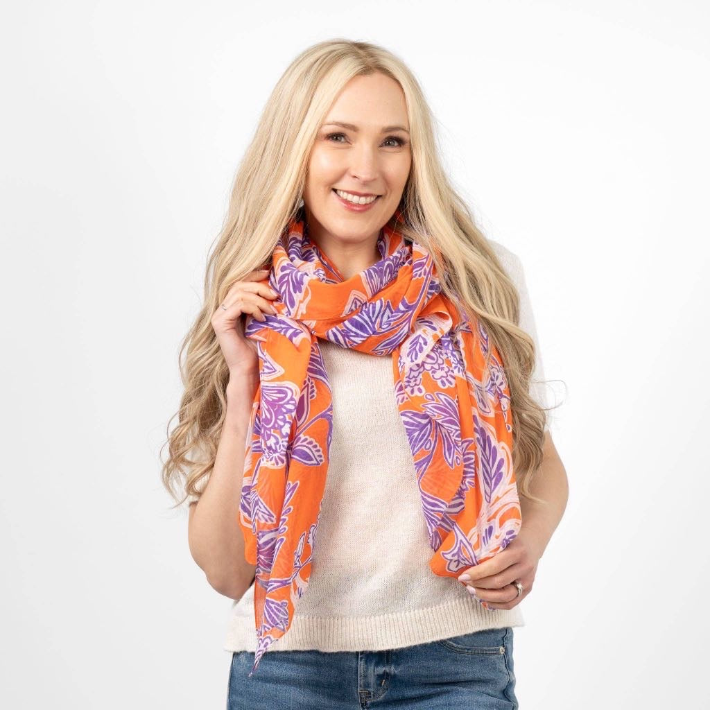 Orange/Purple Floral Print Lightweight Cotton Scarf
