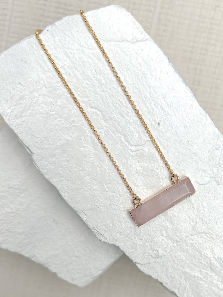 Rose Quartz Rectangle Gold Plated Gemstone Crystal Necklace