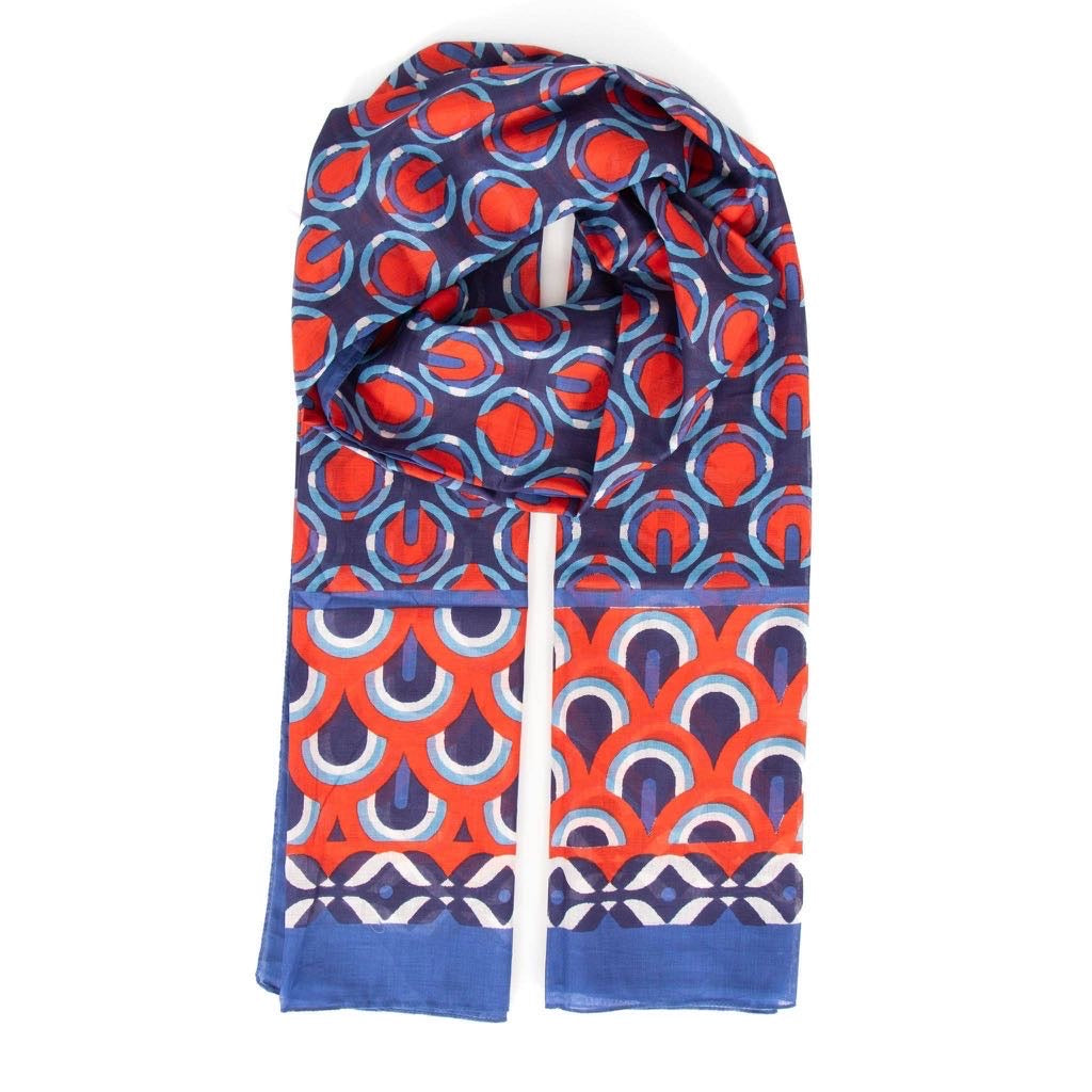 Lightweight Cotton Scarf - Navy/Red, Retro Geometric Print-Sarta