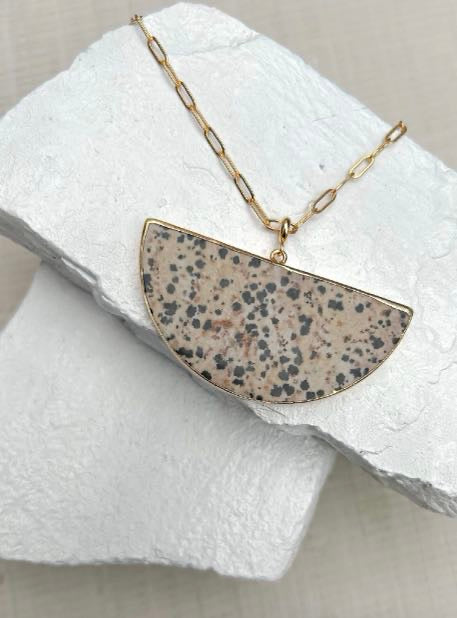 Dalmation Jasper Big Semi Circle Gold Plated Necklace