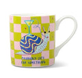 HiJiNX Probably Late For Something ceramic mug in a lime green and pink checkerboard design featuring an illustrated snail holding a cocktail glass, presented in a matching colourful gift box.
