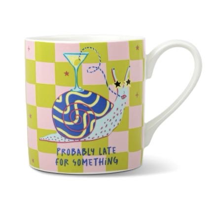 HiJiNX Probably Late For Something ceramic mug in a lime green and pink checkerboard design featuring an illustrated snail holding a cocktail glass, presented in a matching colourful gift box.