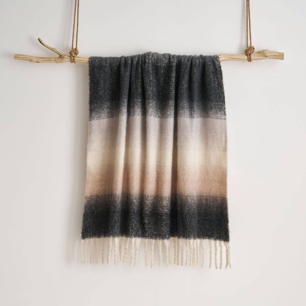 Ombre Faux Mohair Throw - Soft Fringed Blanket (Green or Grey)