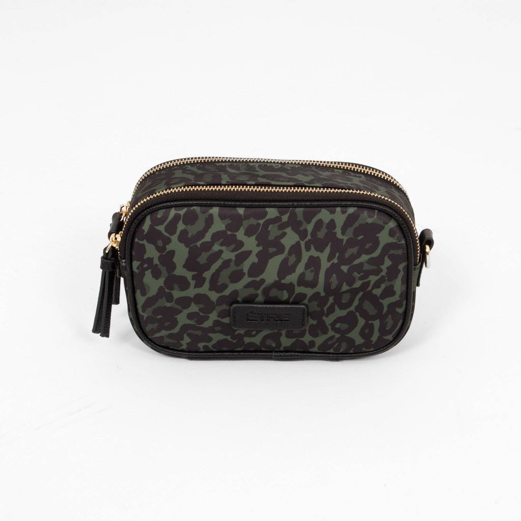Ripley Crossbody Camera Bag - Khaki Leopard Print, Nylon/PU