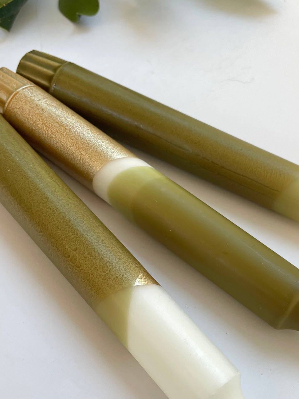 Luxe Olive Green & Gold Dip Dyed Dinner Candles