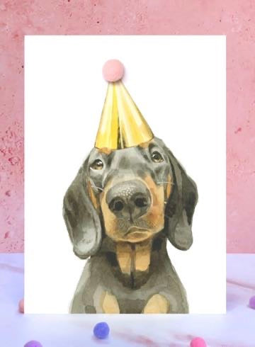 Black and Tan Dachshund Pompom Birthday Card