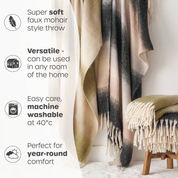 Ombre Faux Mohair Throw - Soft Fringed Blanket (Green or Grey)