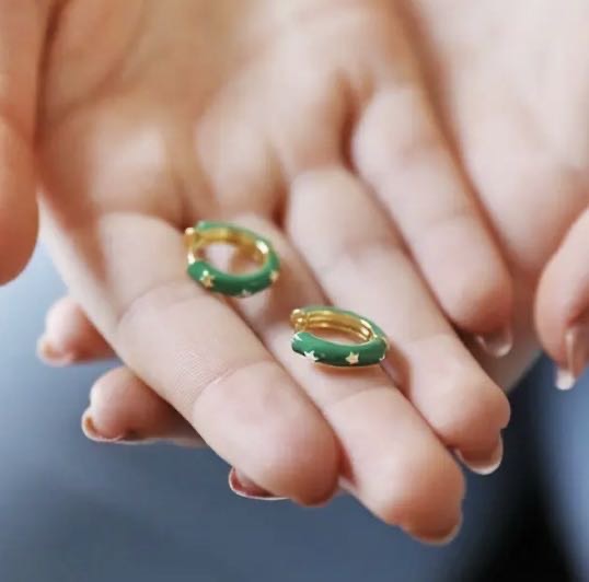 Starry Green Enamel Hoop Earrings