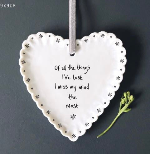 Eats of India Scalloped Ceramic Hanging Heart “I Miss My Mind” Funny Quote Decoration with Velvet Ribbon – Humorous Heart Ornament
