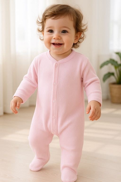Cotton Pink Ribbed Footed Baby Grow – Sizes 0-9M