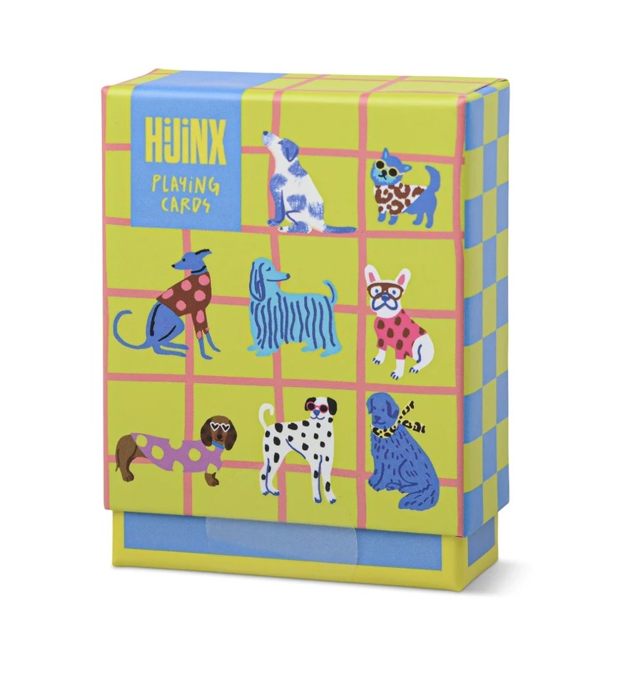 HiJiNX dog playing cards in a colourful collectible box featuring illustrated dog breeds including whippets, poodles, dachshunds, Dalmatians and French bulldogs in a lime, pink and blue design.