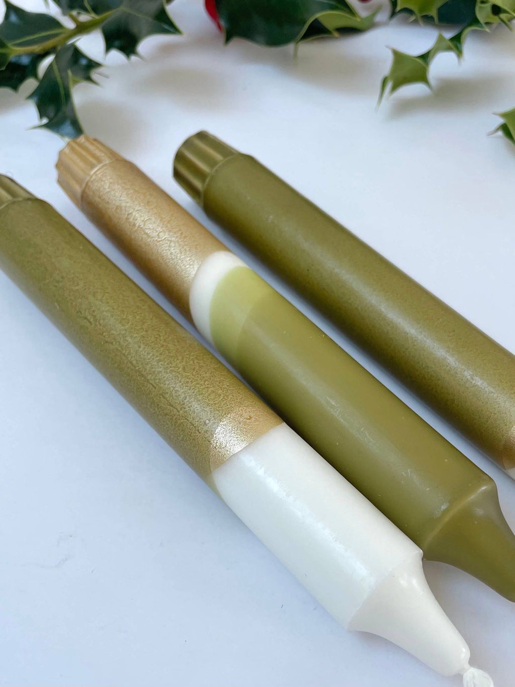 Luxe Olive Green & Gold Dip Dyed Dinner Candles