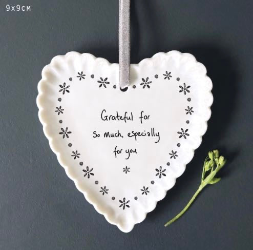 East of India Scalloped Ceramic Hanging Heart “Grateful for So Much” Decoration with Velvet Ribbon – Quote Heart Ornament
