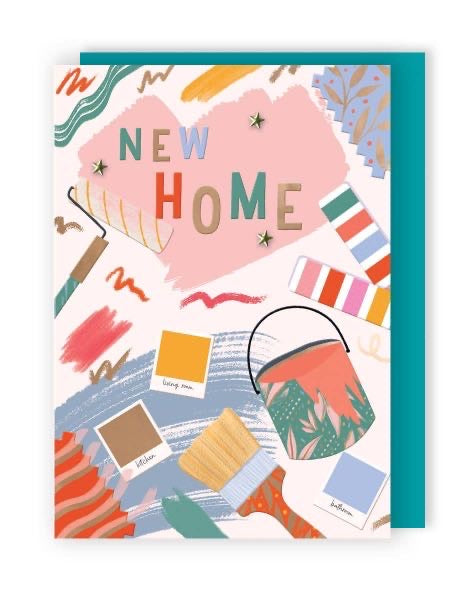 Colourful New Home greeting card with modern illustrated design and teal envelope