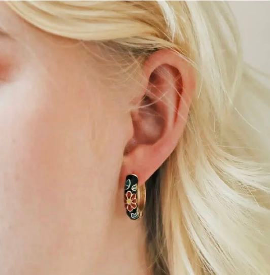 Black Cloisonne Hoop Earrings in Silver