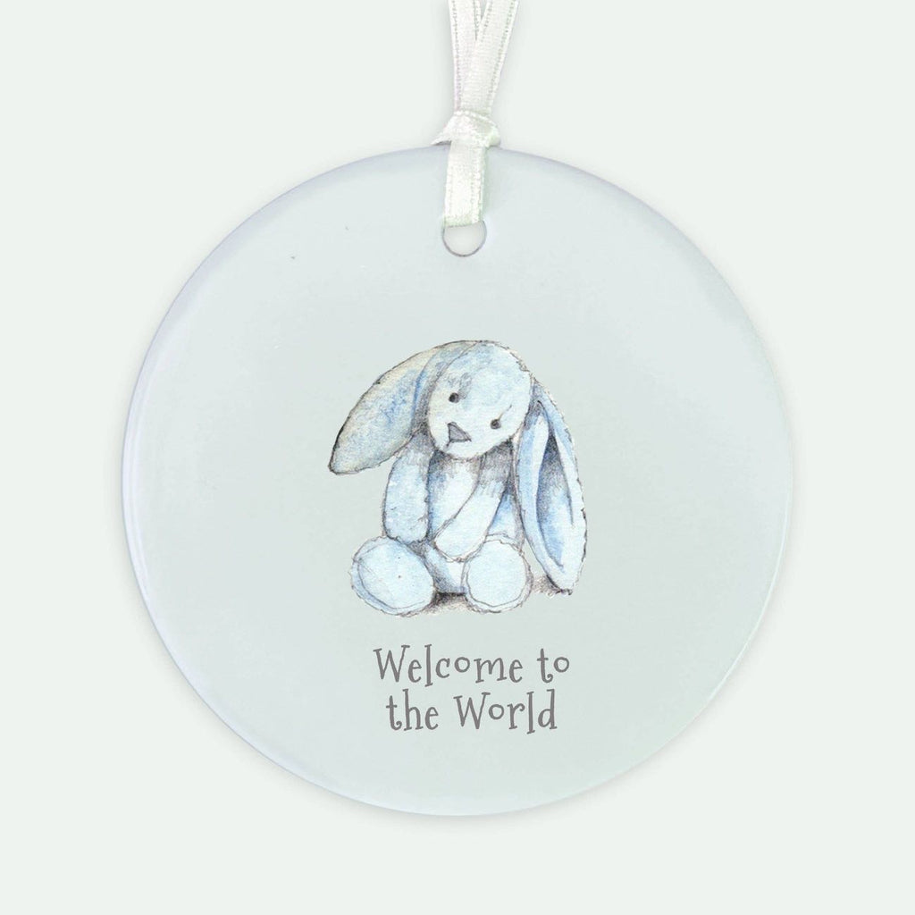 “Welcome to the World” Hanging Decoration – Baby Bunny Keepsake Gift (Blue)