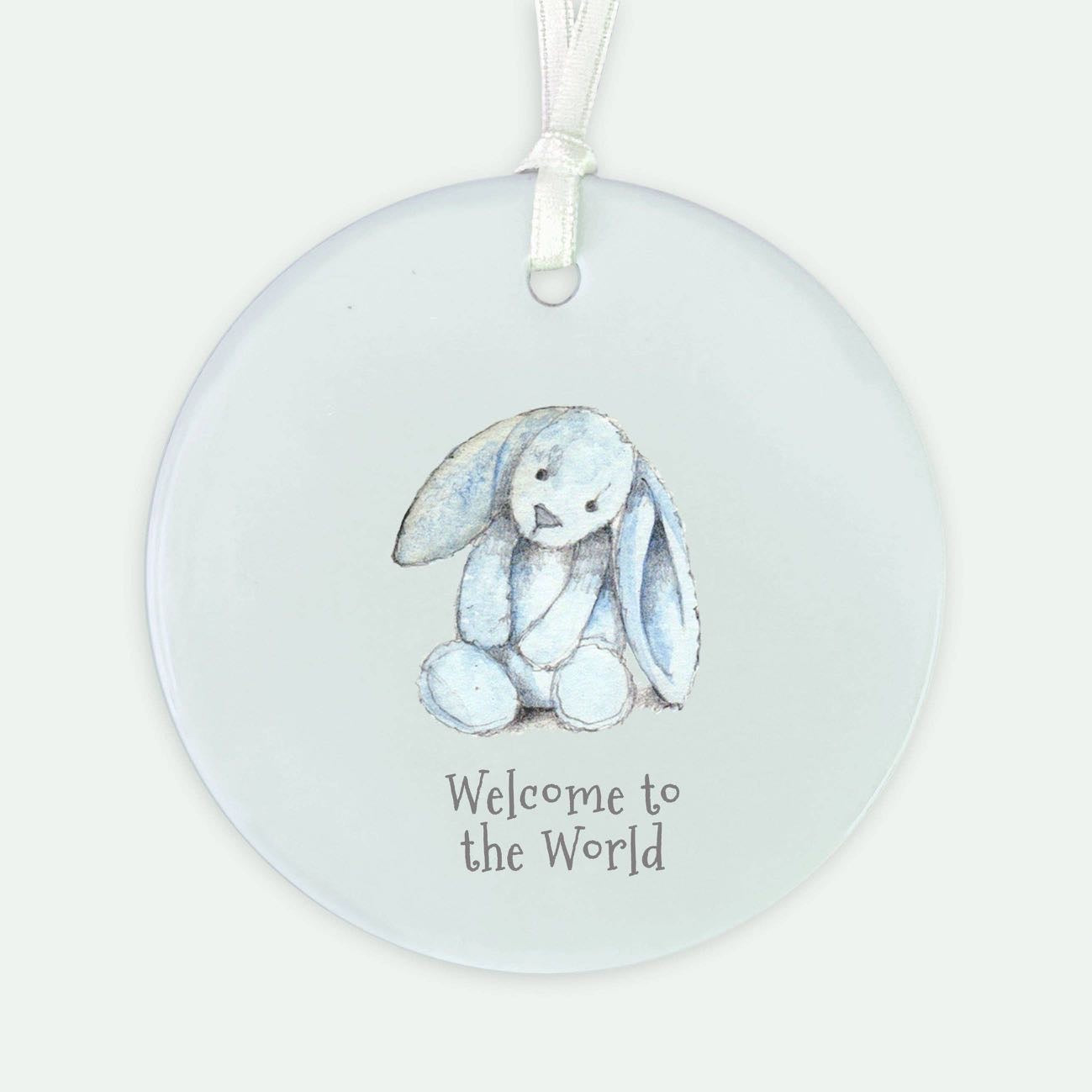 “Welcome to the World” Hanging Decoration – Baby Bunny Keepsake Gift (Blue)