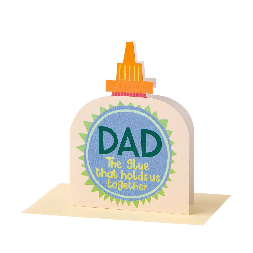 Die-cut Father’s Day card shaped like a glue bottle with “Dad the glue that holds us together” text