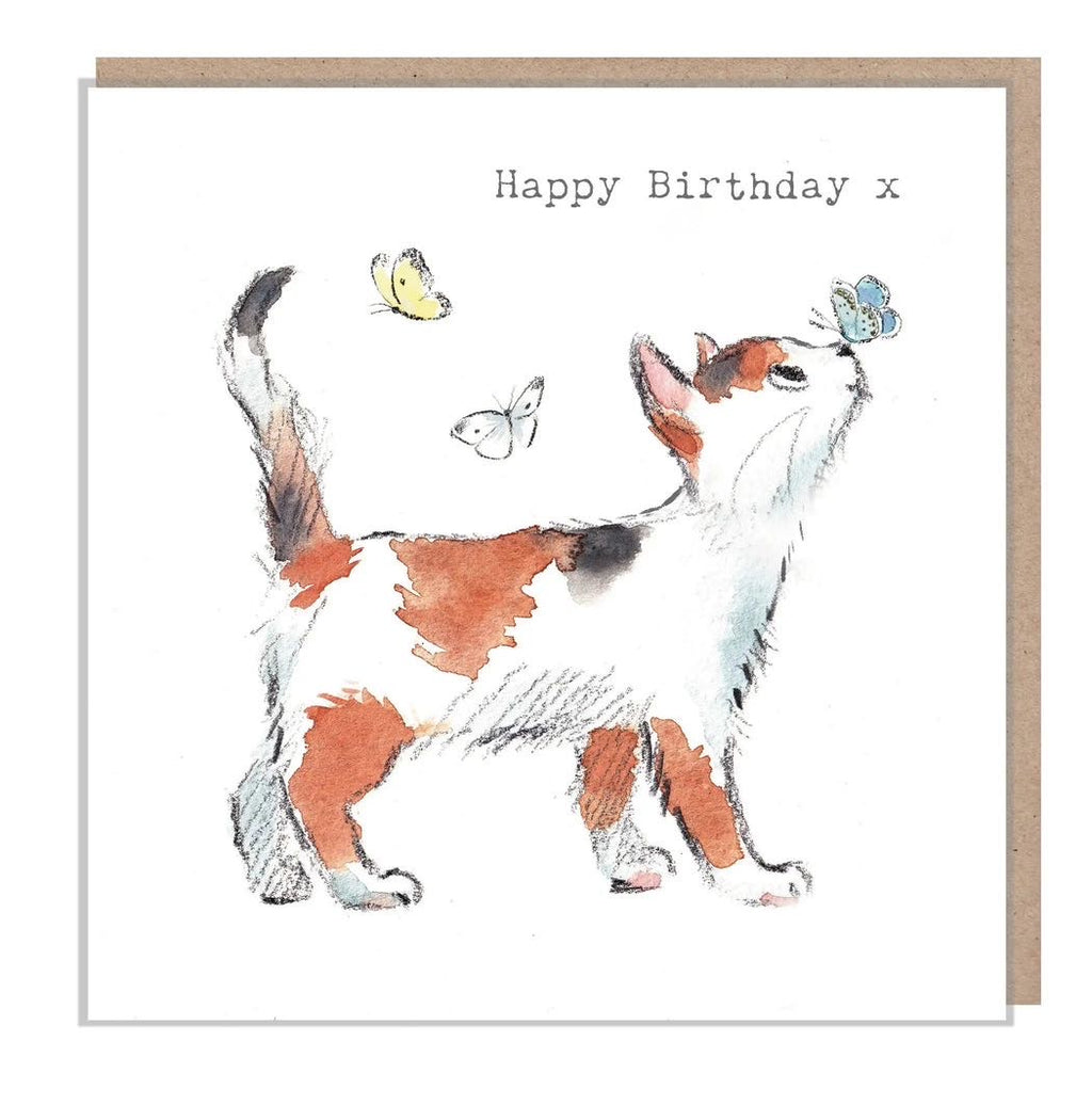 Blank inside Happy Birthday x cat birthday card with watercolour cat and butterflies, includes kraft envelope