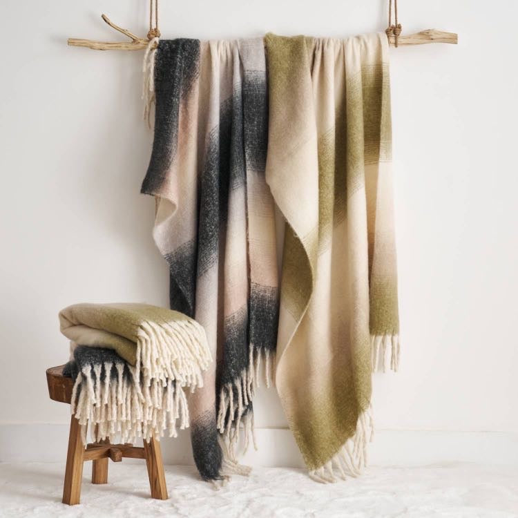 Ombre Faux Mohair Throw - Soft Fringed Blanket (Green or Grey)