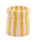 Paddywax Cabana soy wax candle (6.5oz) in a hand-painted yellow striped ceramic vessel. Notes of redwood & golden amber. Reusable food-safe pot.
