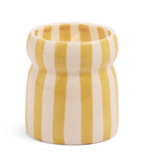 Paddywax Cabana soy wax candle (6.5oz) in a hand-painted yellow striped ceramic vessel. Notes of redwood & golden amber. Reusable food-safe pot.