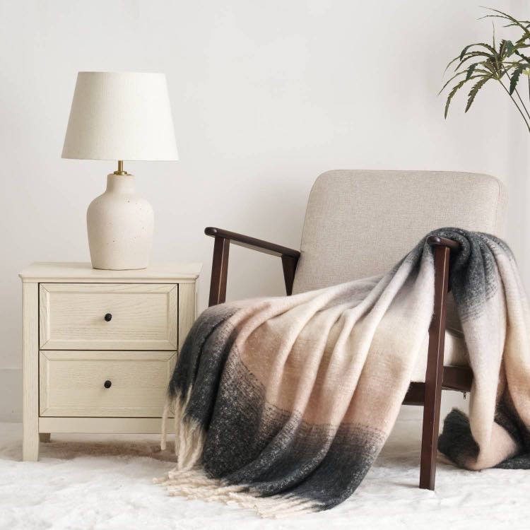 Ombre Faux Mohair Throw - Soft Fringed Blanket (Green or Grey)