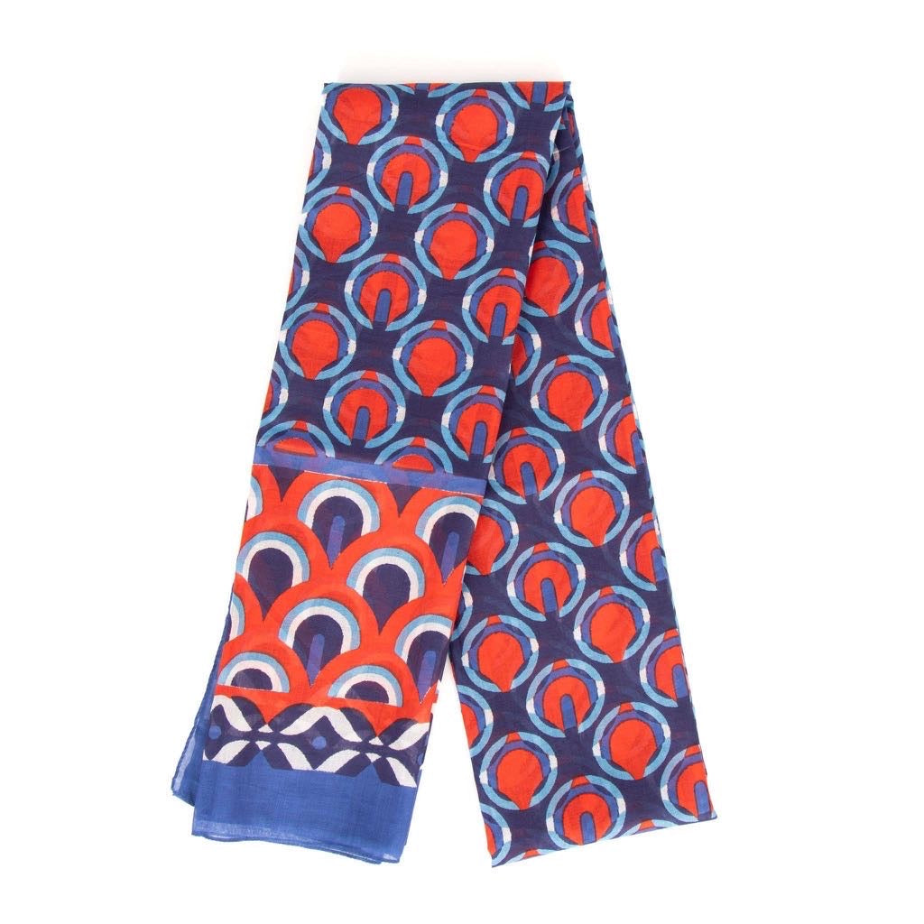Navy/Red Retro Geometric Print Lightweight Cotton Scarf