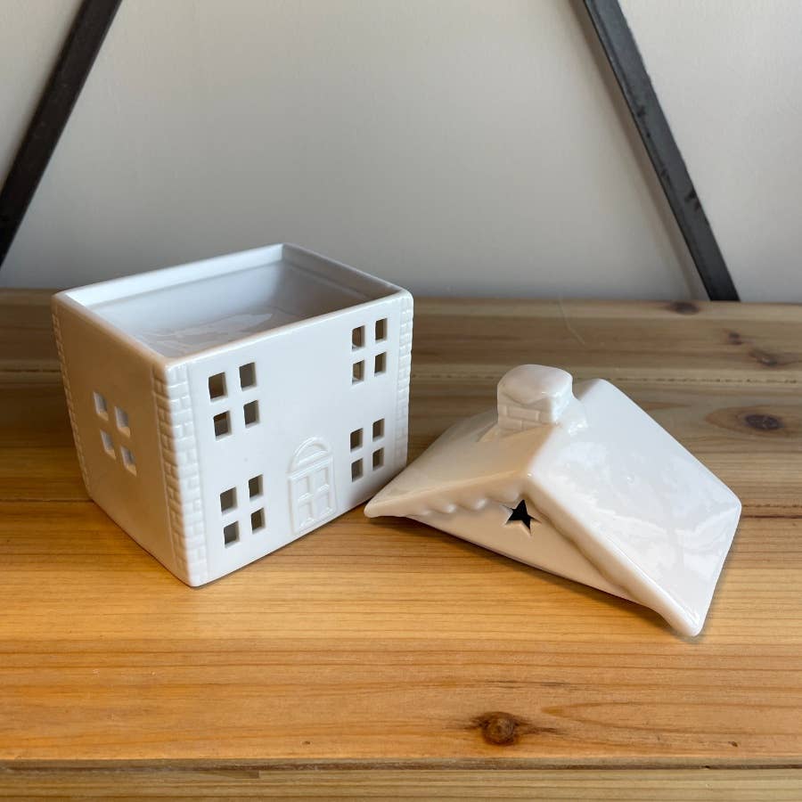 Ceramic House Wax Burner – White Tealight Wax Melt Burner with Removable Lid (12cm)
