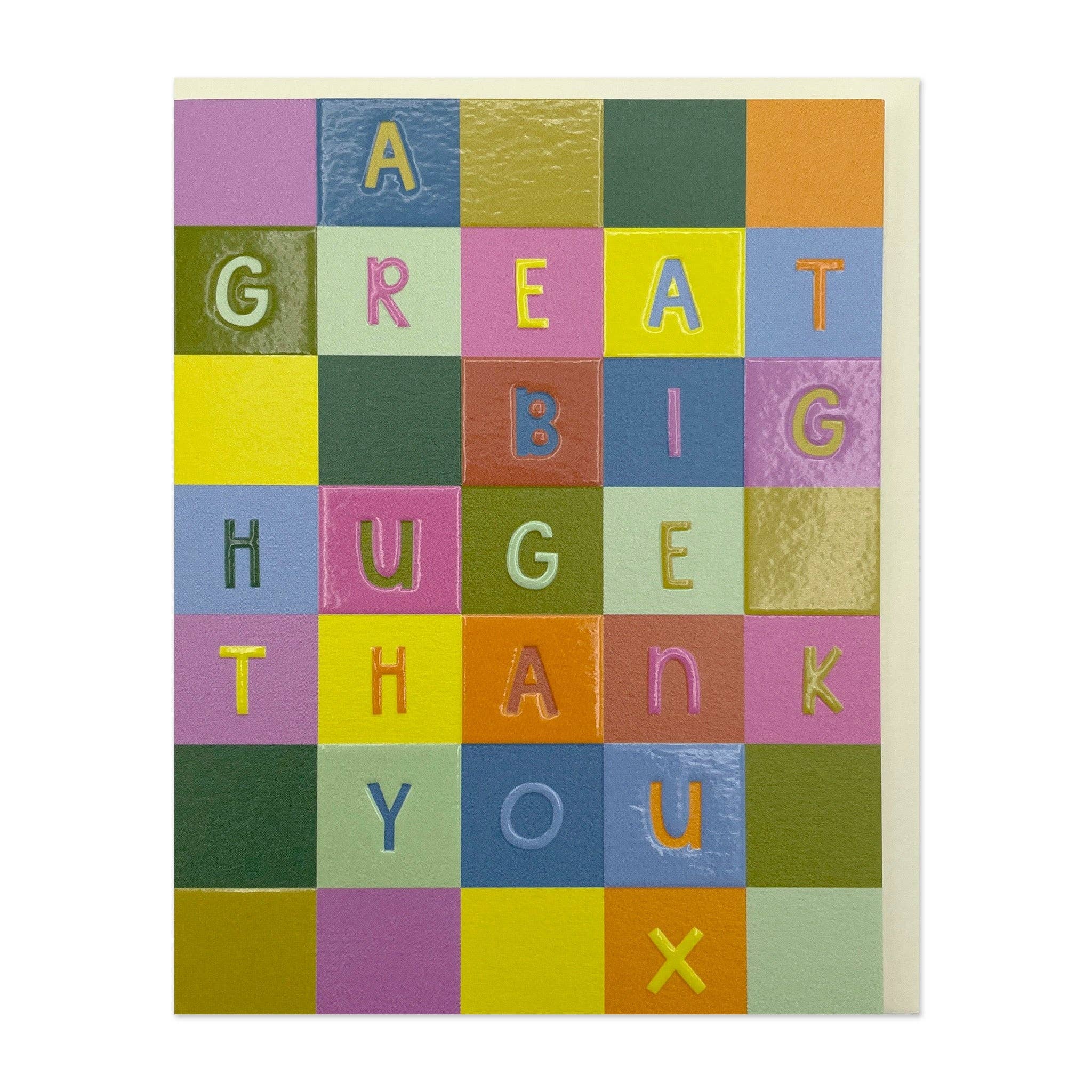 A Great Big Huge Thank You x card with colourful block lettering, blank inside, kraft envelope included