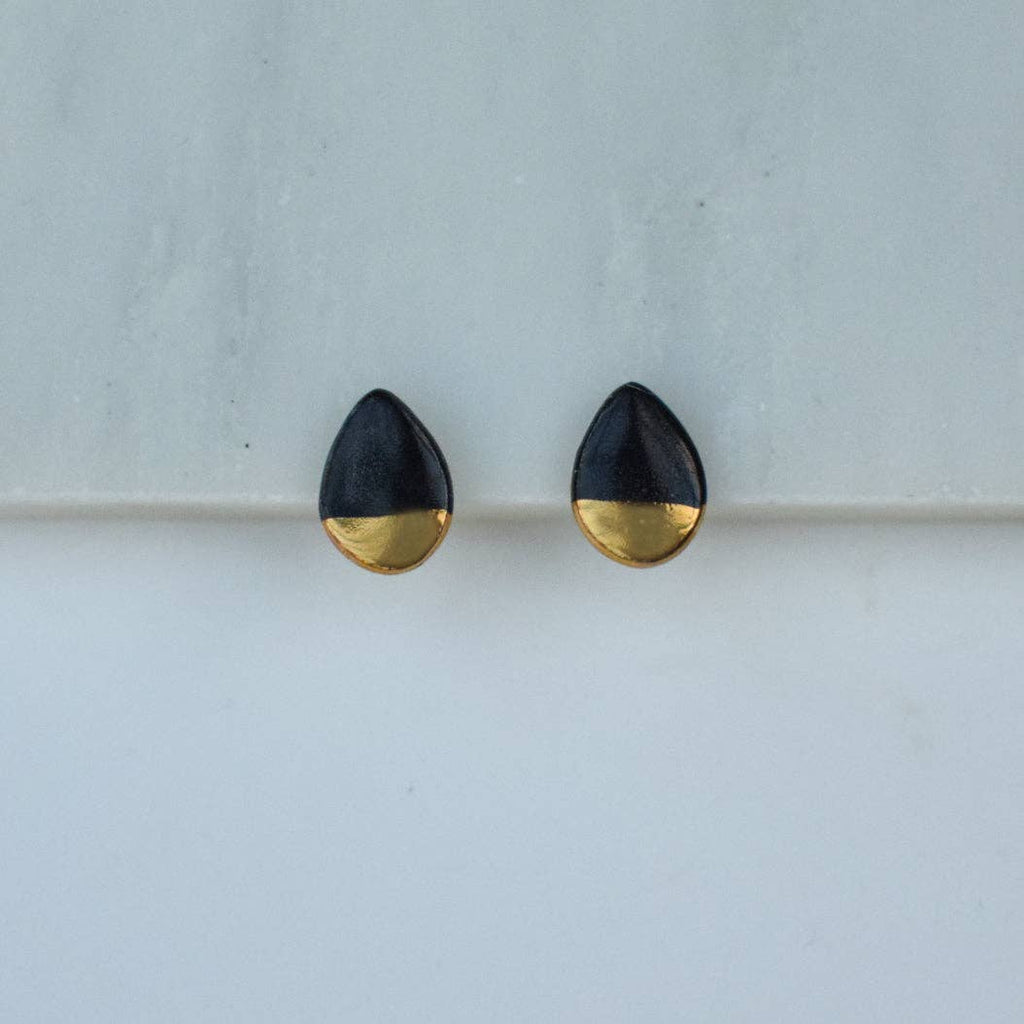 Black Ceramic Triangle Studs With Gold Lustre